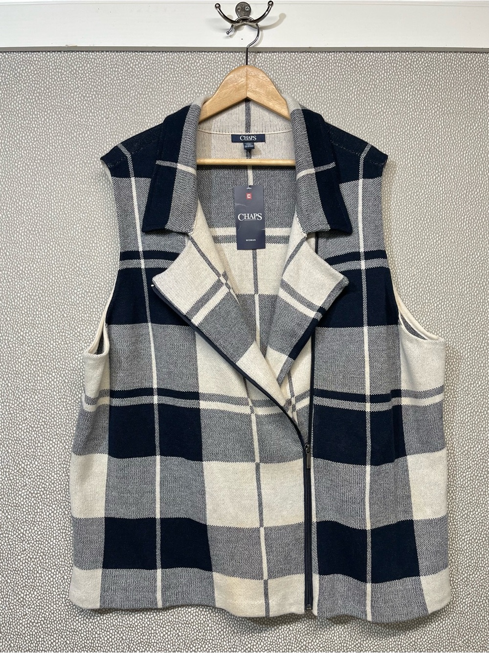 🆕 2X Chaps Womens Navy & Gray Plaid Zip Front Vest NWT